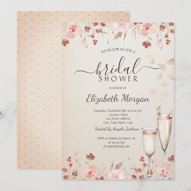 Vattenfärg Vilda Blommor Kronblad Prosecco Inbjudningar (Fram/baksida)