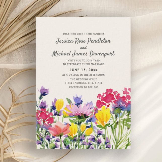 Vattenfärg Vilda Blommor Lila Gul Röd Bröllop Inbjudningar (Colorful wildflower wedding invitation)