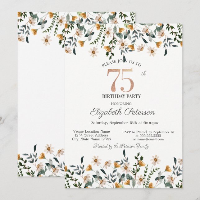 Vattenfärg Vilda Blommor Trädgårdsfest 75-årsdag Inbjudningar (Fram/baksida)