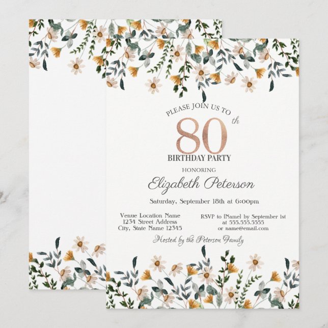 Vattenfärg Vilda Blommor Trädgårdsfest 80-årsdag Inbjudningar (Fram/baksida)