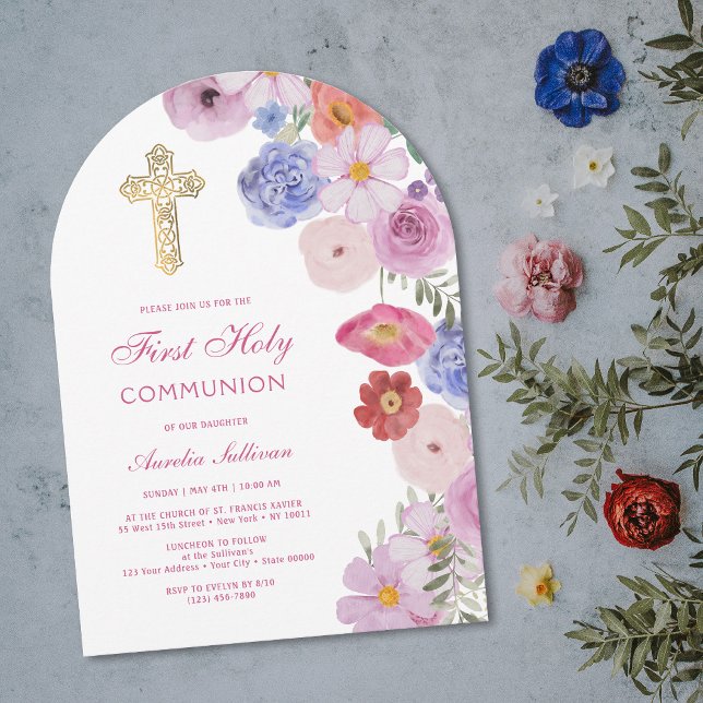 Vattenfärg vilda blommor valv första kommunion inbjudningar (Skapare uppladdad)