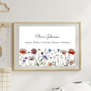 Vattenfärg Vildblomma Äng Baby Födelse Statistik Poster