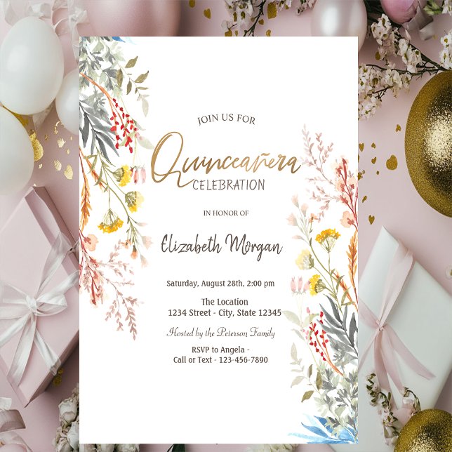 Vattenfärg Vildblomma Äng Torkad Quinceañera  Inbjudningar (Skapare uppladdad)