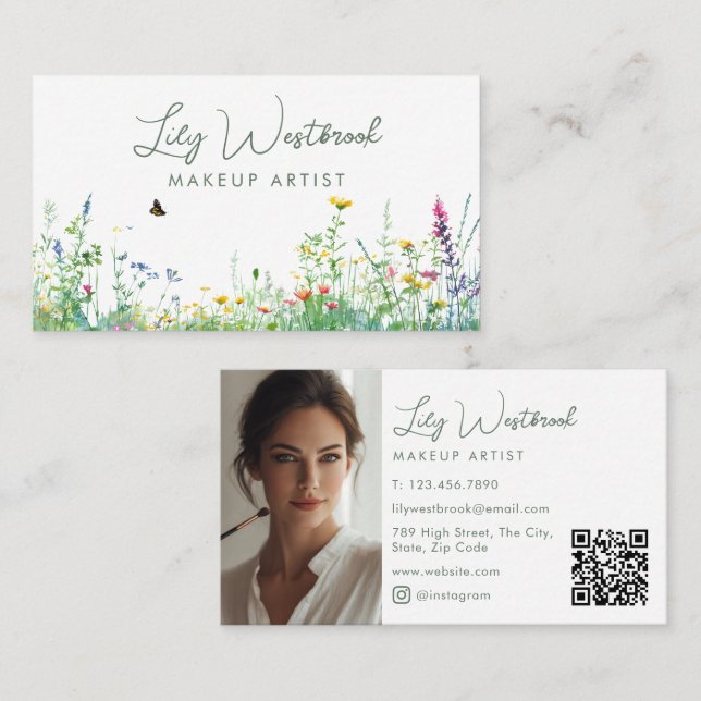 Vattenfärg Vildblomma Blommig Skript Foto QR-kod Visitkort (Fram/baksida)