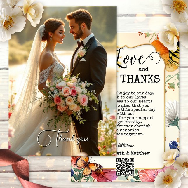 Vattenfärg Vildblomma Bröllopsfoto Tackkort Tack Kort (Wedding photo Thank You card with a whimsical watercolor wildflower design with butterflies and sun)
