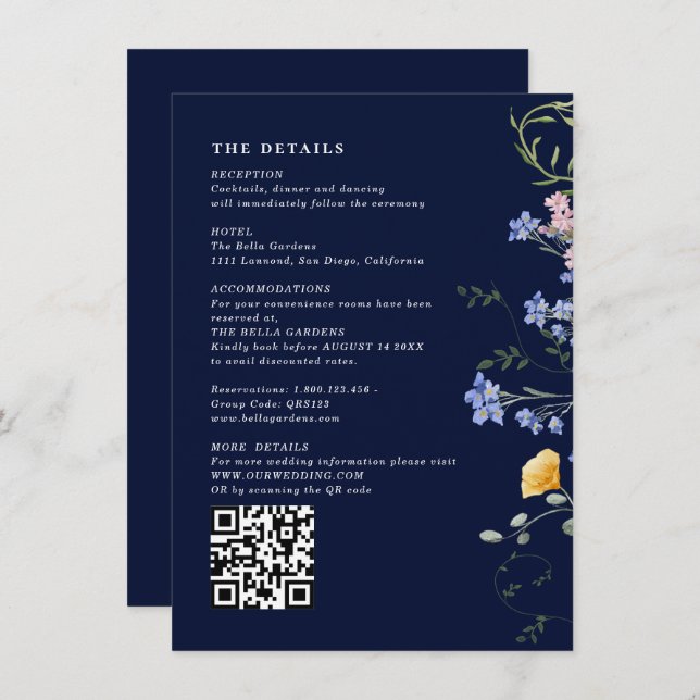 Vattenfärg Vildblomma detaljer & QR-kod Bröllop  Tilläggskort (Fram/baksida)