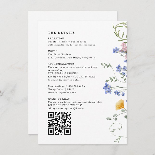 Vattenfärg Vildblomma detaljer & QR-kod Bröllop  Tilläggskort (Fram/baksida)