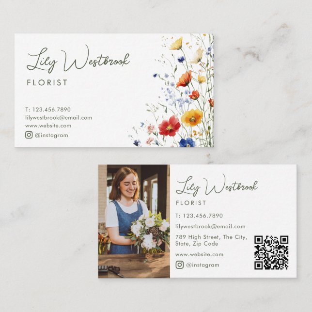 Vattenfärg Vildblomma Elegant Skript Foto QR-kod Visitkort (Fram/baksida)