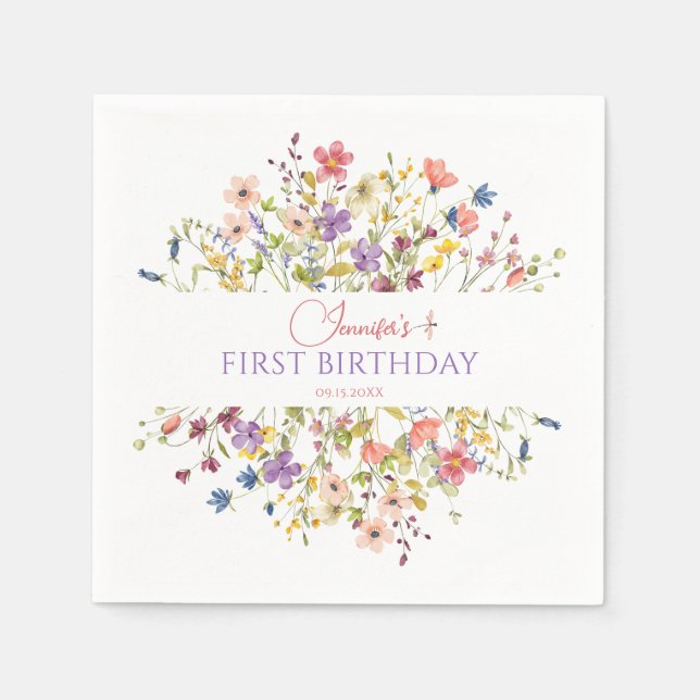 Vattenfärg Vildblomma Flicka 1-års Födelsedag Serv Pappersservett (Framsidan)
