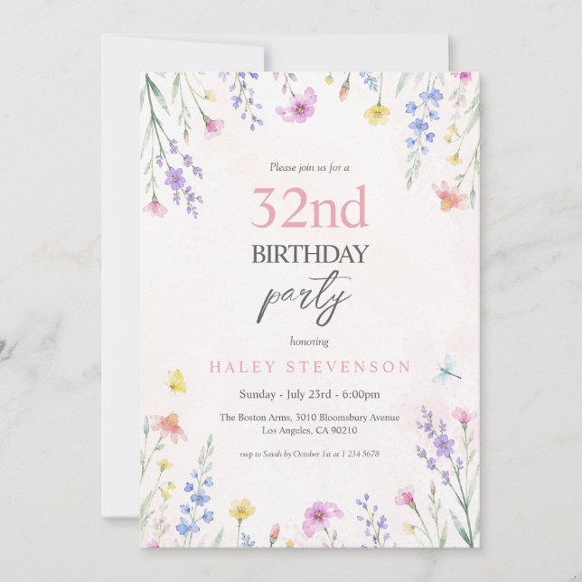Vattenfärg Vildblomma Pastell Blommig 32-årsdag Inbjudningar (Framsida)