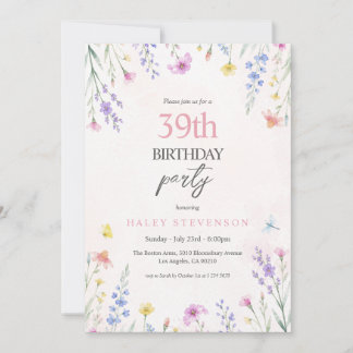 Vattenfärg Vildblomma Pastell Blommig 39-årsdag Inbjudningar