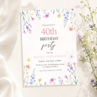 Vattenfärg Vildblomma Pastell Blommig 40-årsdag Inbjudningar