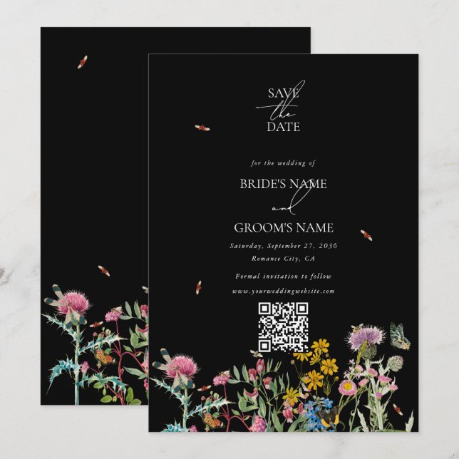 Vattenfärg Vildblomma Trädgård Bröllop Svart Boho Spara Datumet (Fram/baksida)
