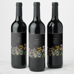 Vattenfärg Vildblomma Trädgård Bröllop Svart Boho Vinflaska Etikett