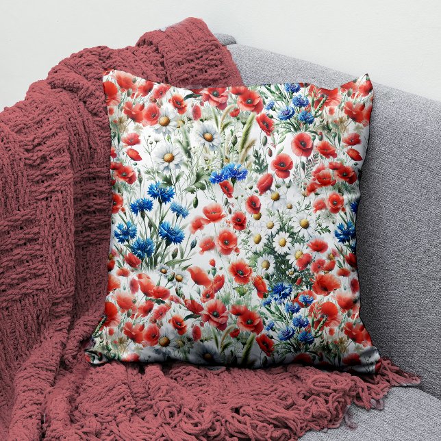 Vattenfärg Vildblomma Vallmo Daisy Kuddöverdrag Kudde (Throw Pillow)
