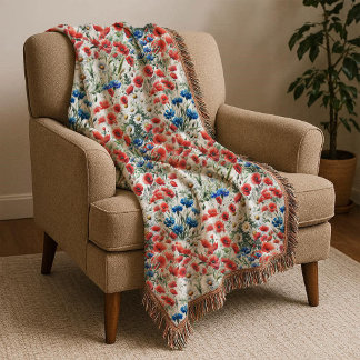 Vattenfärg Vildblomma Vallmo Tusenskönas Kastmadra Filt