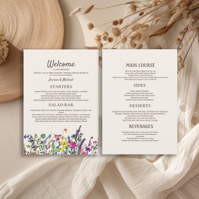 Vattenfärg Vildblommor Bröllopsmottagning Meny (Watercolor wildflowers wedding reception 5"x7" menu)