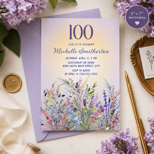 Vattenfärg Vildblommor Lavendel 100-årsdag Inbjudningar