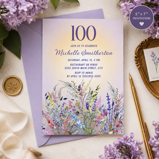 Vattenfärg Vildblommor Lavendel 100-årsdag Inbjudningar (Lavender watercolor wildflowers 100th birthday party invitation)