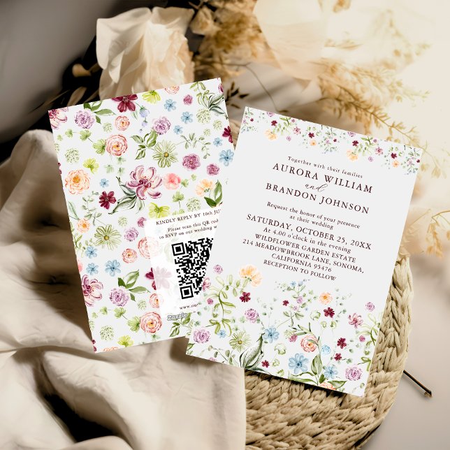Vattenfärg Vildblommsträdgård QR-kod RSVP Bröllop  Inbjudningar (Skapare uppladdad)