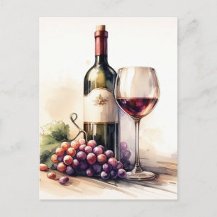 Vattenfärg Vin Flaska och druvor Vykort