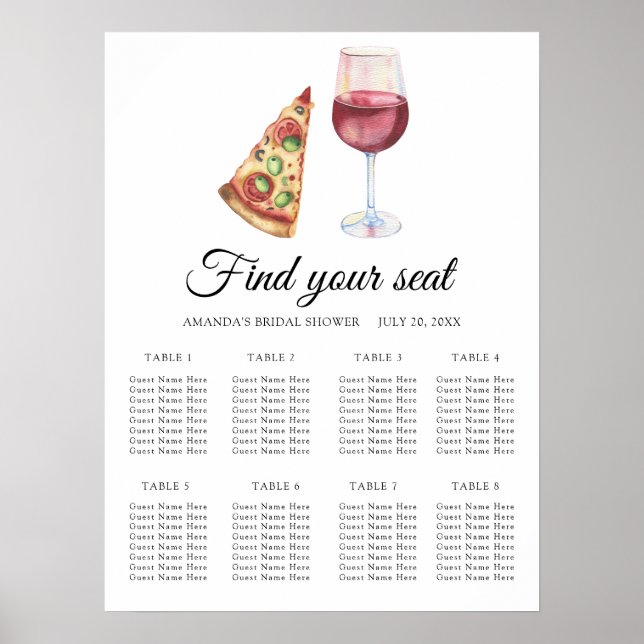 Vattenfärg Vin & Pizza Bröllops platsindelning Poster (Framsidan)