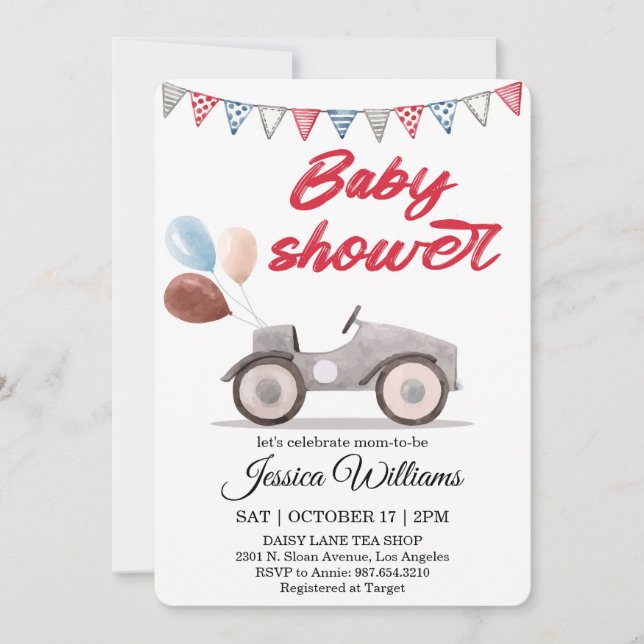 Vattenfärg Vintage Bil Baby Shower Inbjudan (Framsida)