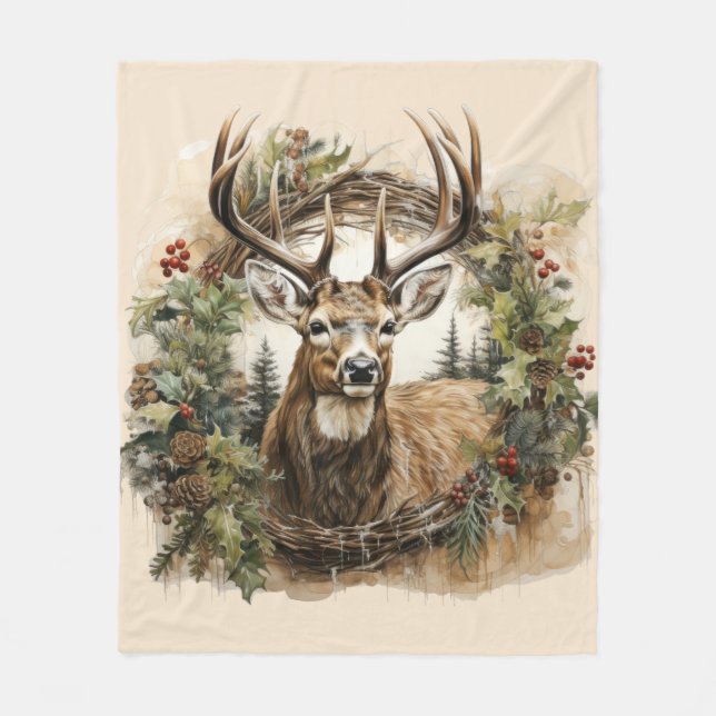 Vattenfärg Vintage julhjortdesign Fleecefilt (Framsidan)