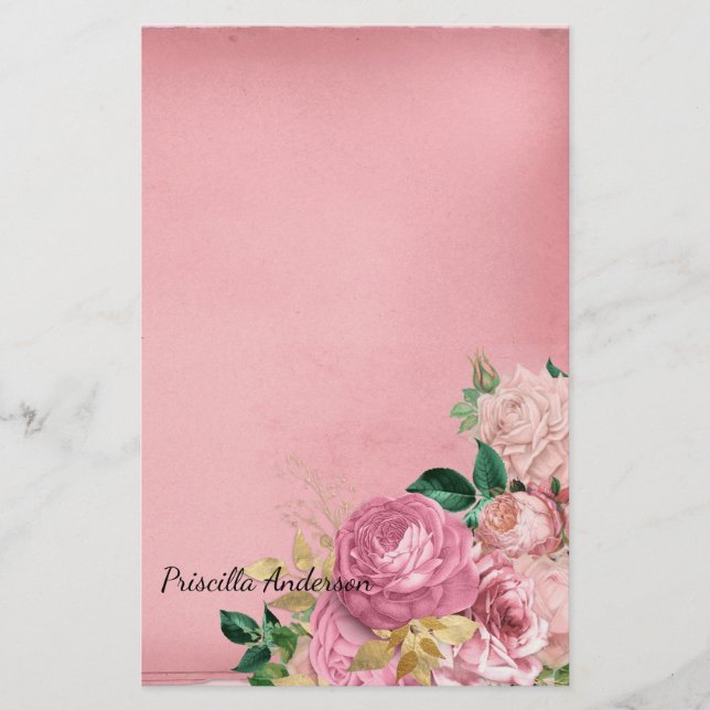Vattenfärg Vintage Ros Blommig Grönska Rosa (Framsida)