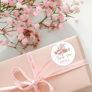 Vattenfärg vintage rosa blommande bröllopsdusch runt klistermärke