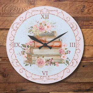 Vattenfärg Vintage Rosa Rosor och Bok Blommig Stor Klocka