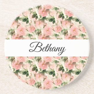 Vattenfärg Vintage Rosblommönster Monogram Underlägg