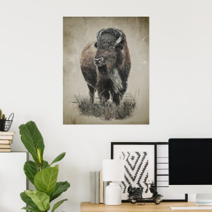 Vattenfärg Vintage Utseende Bison Buffalo Djur Kon Poster