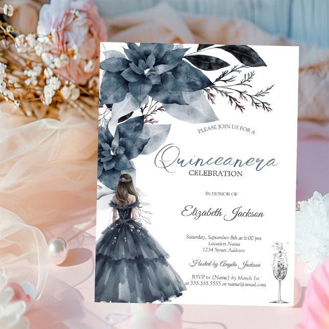 Vattenfärg vinter blommor glas flicka Quinceanera Inbjudningar (Skapare uppladdad)