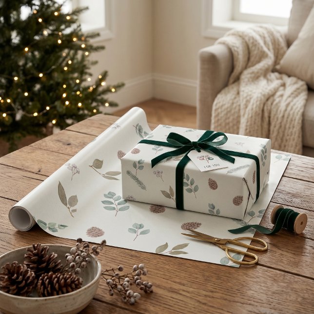 Vattenfärg Vinter Botanisk Elfenben Elegant Jul  Presentpapper (Watercolor Winter Botanical Ivory Elegant Holiday Wrapping Paper)