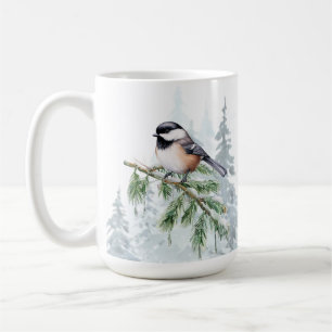 Vattenfärg Vinter Gran Träd Talgoxe Kaffemugg