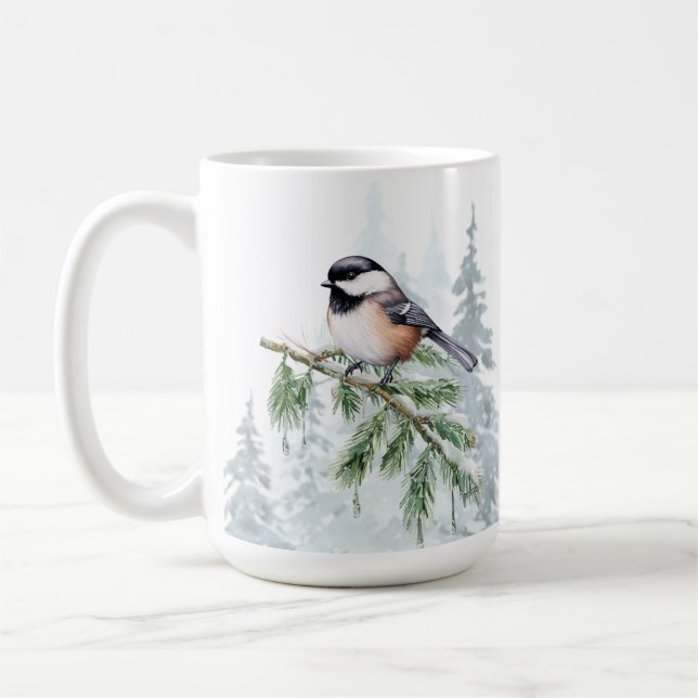 Vattenfärg Vinter Gran Träd Talgoxe  Kaffemugg (Vänster)