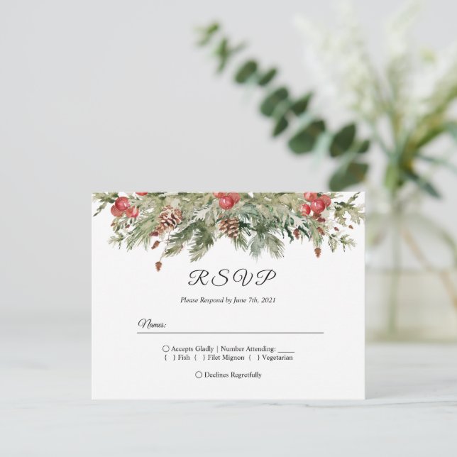 Vattenfärg Vinter Grön Tall & Tallkotte Inbjudan Vykort (Stående Fram)