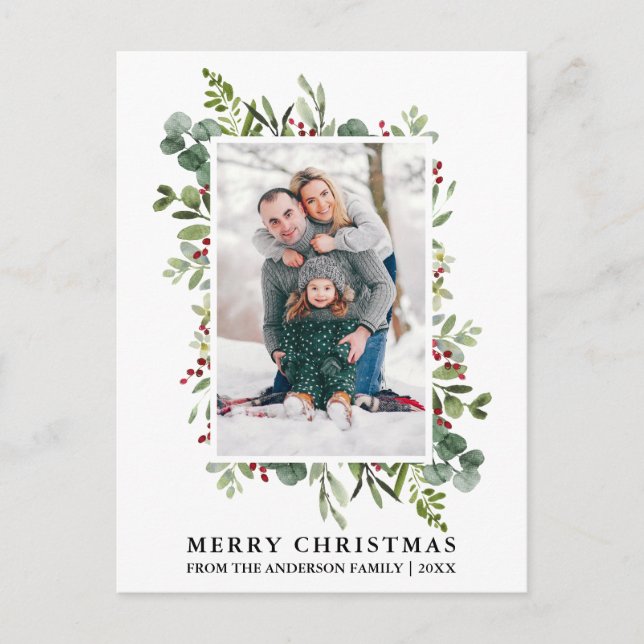 Vattenfärg Vinter Grönska Bär Foto Jul Vykort (Framsida)