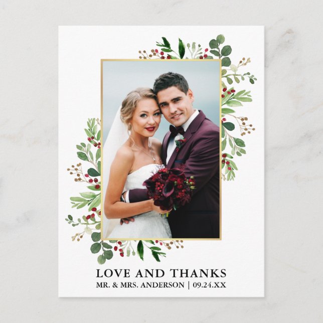 Vattenfärg Vinter Grönska Kärlek Tack Guld Vykort (Framsida)