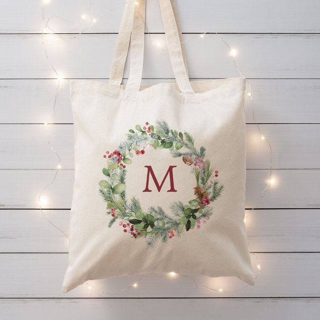 Vattenfärg Vinter Grönska Krans Monogram Tygkasse (Watercolor Winter Greenery Wreath Monogram Tote Bag)