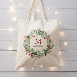 Vattenfärg Vinter Grönskande Krans Monogram Tygkasse