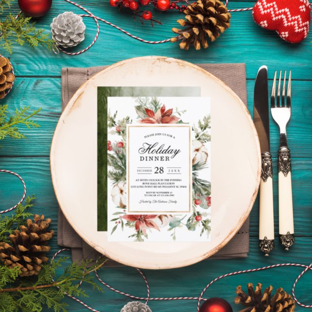 Vattenfärg Vinter Julstjärna &  Grön Tall  Inbjudningar (Skapare uppladdad)