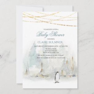 Vattenfärg Vinter Pingvin Baby Shower Inbjudan
