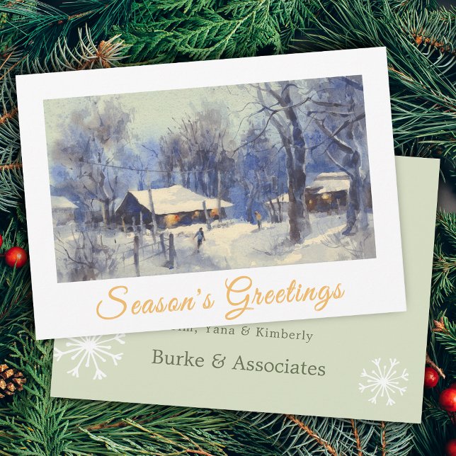 Vattenfärg Vinter Scen Affär Säsongs Hälsningar Julkort (Watercolor Winter Scene Business Seasons Greetings Holiday Card)