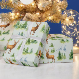 Vattenfärg vinter skog - rådjur och snöiga träd -  presentpapper