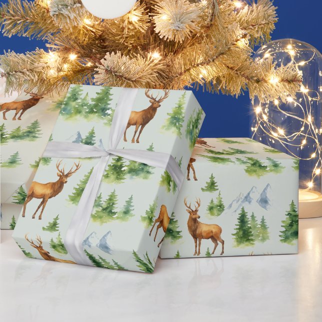 Vattenfärg vinter skog - rådjur och snöiga träd -  presentpapper (Helgdagar)
