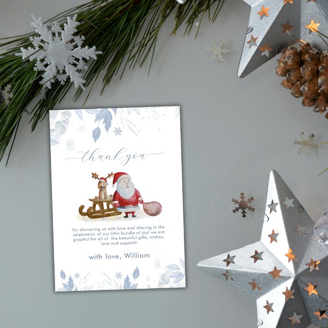 Vattenfärg Vinter Slädälg Tomte Bebisdusch  Tack Kort (Watercolor Winter Sleigh Moose Santa Baby Shower Thank You Card)