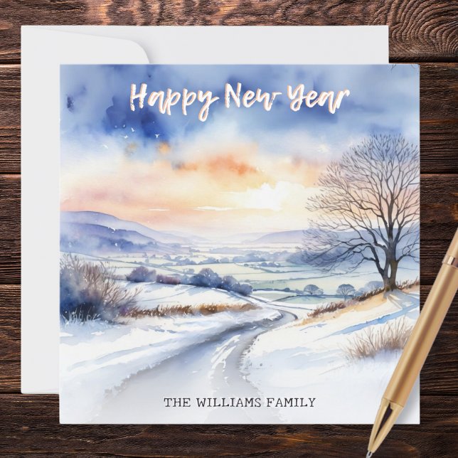 Vattenfärg Vinter Snö Landskap Gott Nytt År Julkort (Wish friends and family a Happy New Year with this personalized card, featuring a snowy landscape
)
