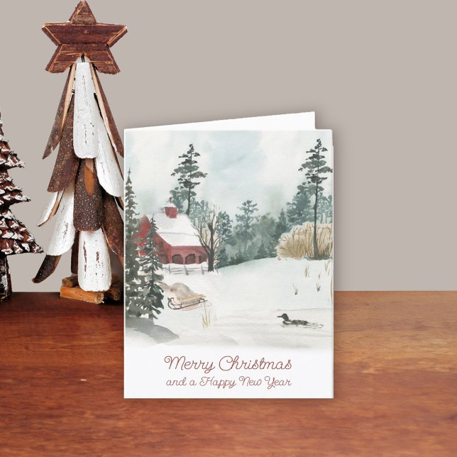 Vattenfärg Vinterer Liggande Vit jul Helgkort (Traditional Christmas Card. Buy professionally printed or as printable digital download.)